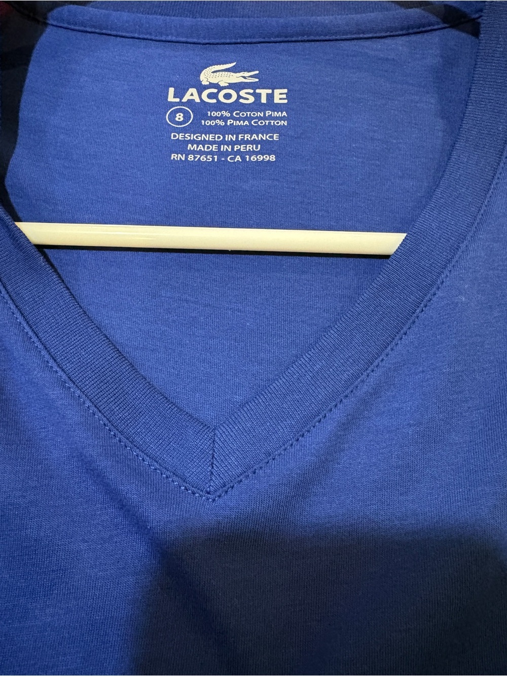 Lacoste Men’s XXL Blue Pima Cotton V-Neck T-Shirt NWT Crocodile Logo - Picture 4 of 6